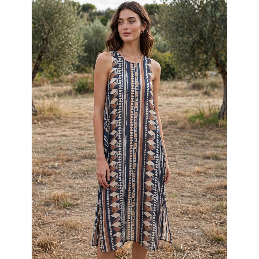 Organza France Sleeveless Midi Dress Geometric Tribal Print Navy Rust Small